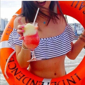 VS black/white stripe offshoulder ruffle swim top